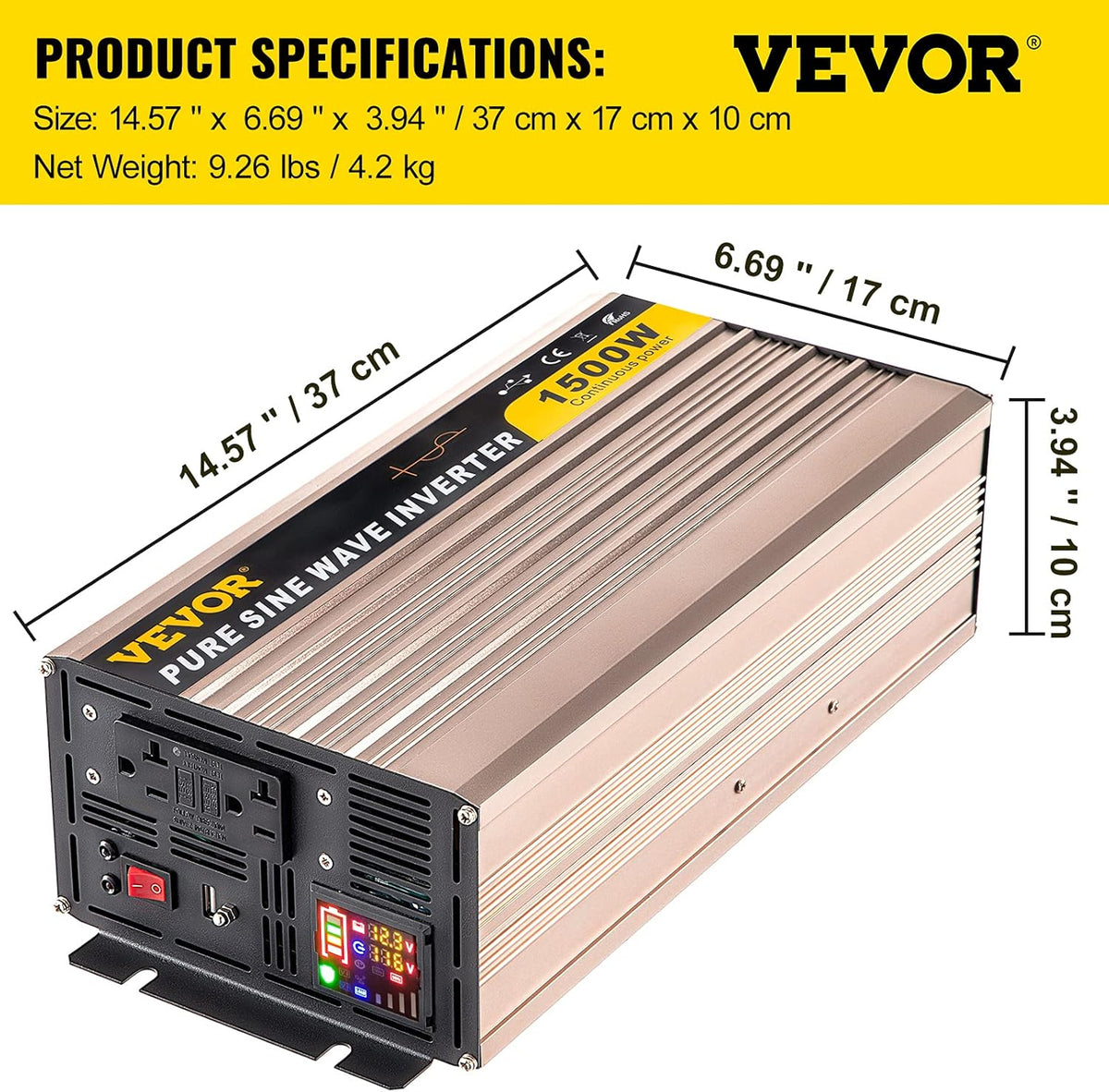 1500 Watt Pure Sine Wave Power Inverter, DC 12V to AC 110V, with LCD Display, 5V USB Port, AC Outlets (GFCI) C697