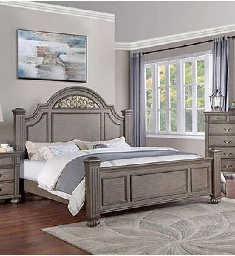 Queen Size Gray Solid Wood Bed with Headboard N699