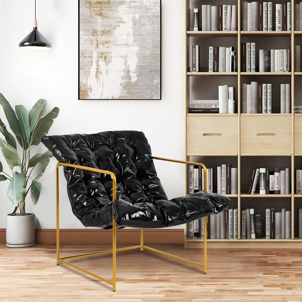 Black Faux Leather Sling Chair with Gold Metal Frame V2159
