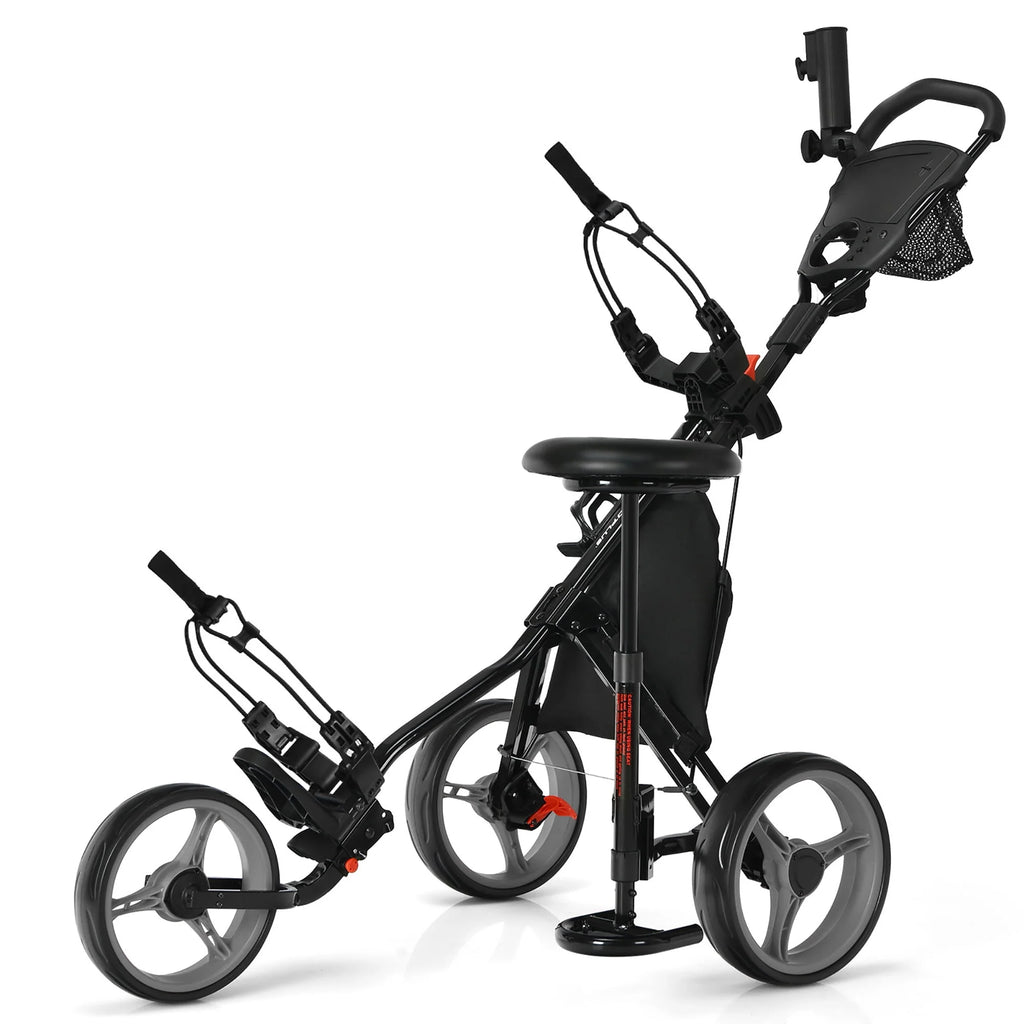 Folding 3 Wheels Golf Push Cart with Seat Blue P74565