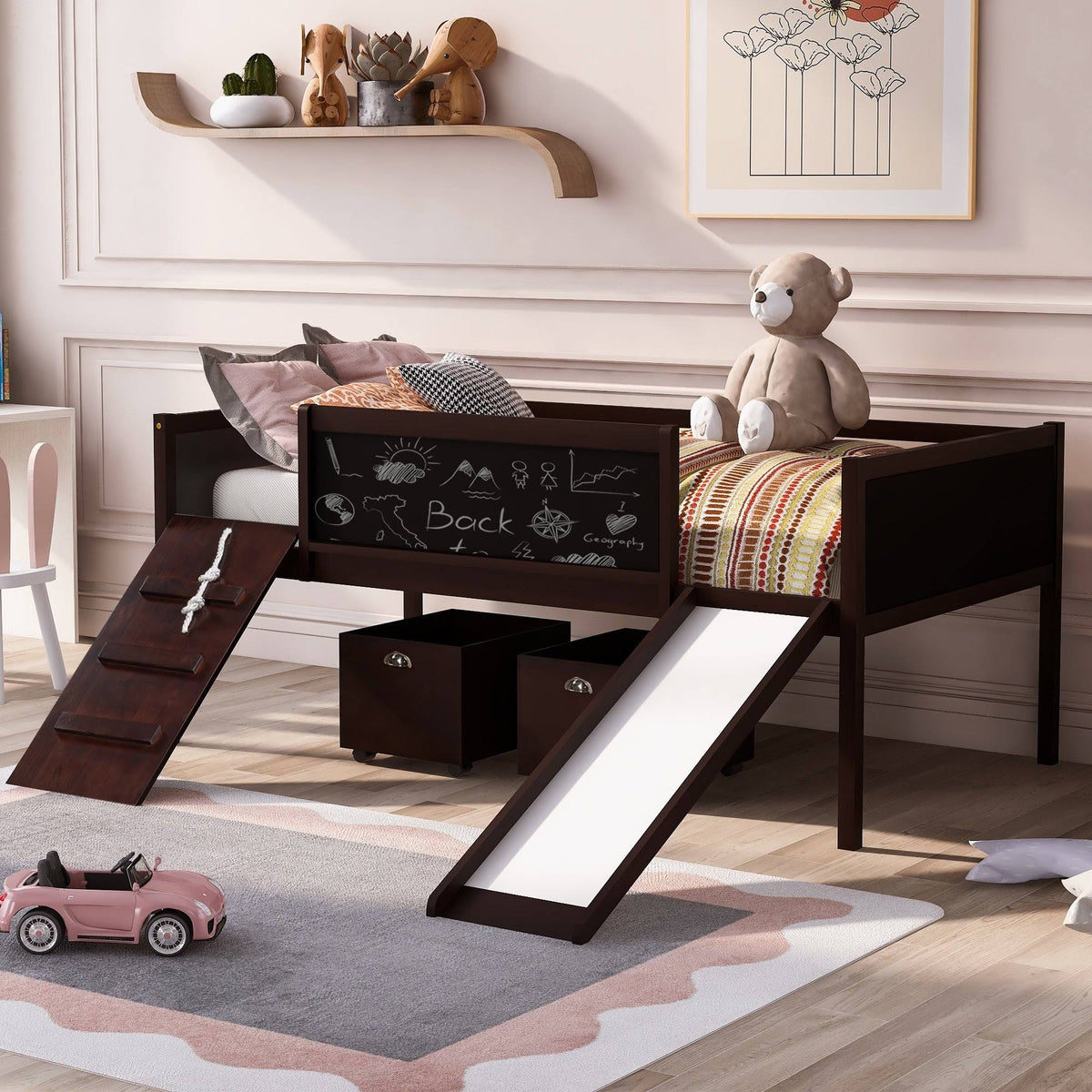 Espresso Pine Wood Twin Loft Bed with 2 Storage Boxes S642837