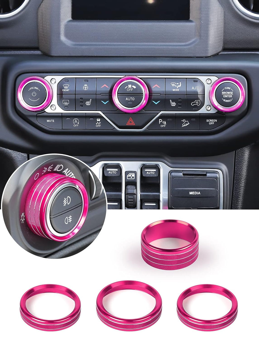 HVAC Climate Control Panel Knob Trim Kit & Light Control Switch Cover, Aluminum Alloy Ring I69996