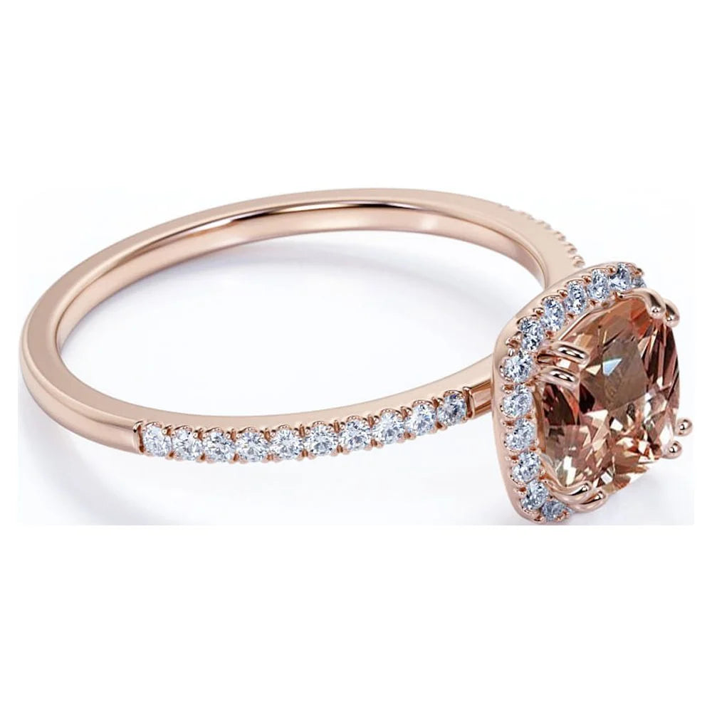 1.75 Carat Cushion Cut created morganite Halo Engagement Ring in 18k Rose Gold over Silver V379