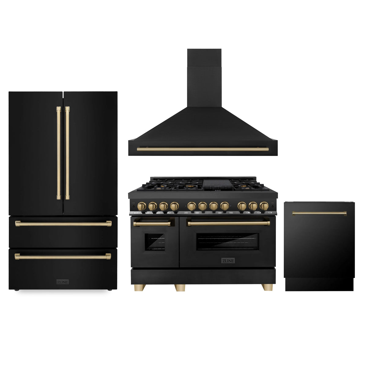 48 Dual Fuel Range, Range Hood, Refrigerator, Dishwasher in Black Stainless Y2123