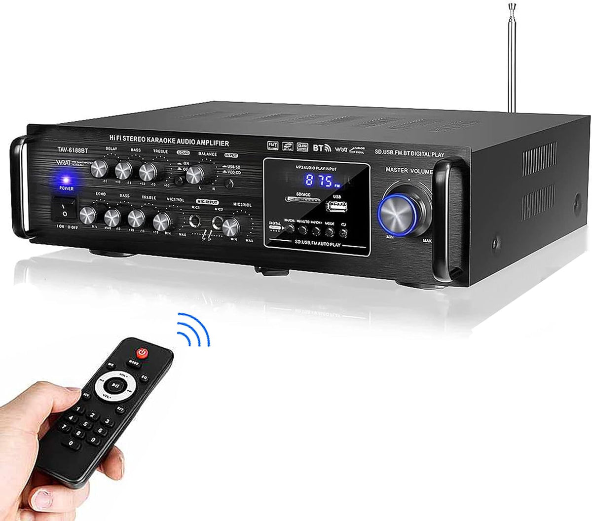 Bluetooth Stereo Power Amplifier with FM Radio, MP3/USB/SD, 2 Mic in Echo, RCA, LED P306