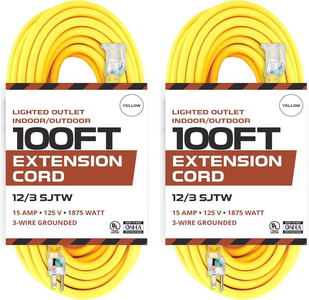75 Foot Lighted Outdoor Extension Cord - 12/3 SJTW Heavy Duty Yellow Extension Cable with 3 Prong Grounded Plug, 15 AMP L430611