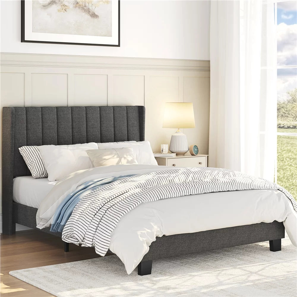 Full Dark Gray Wingback Bed with Tufted Headboard Y9483