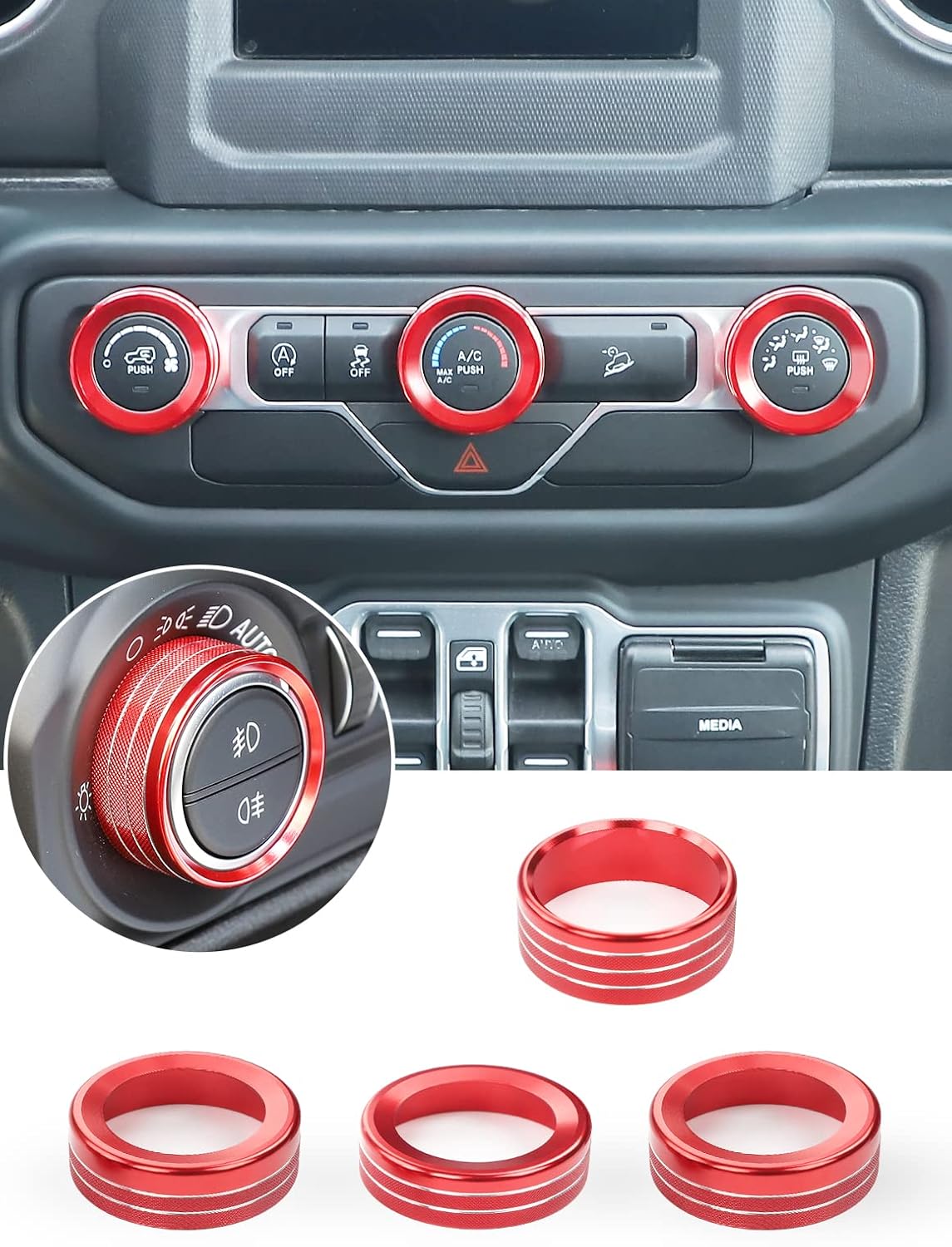 HVAC Climate Control Panel Knob Trim Kit & Light Control Switch Cover, Aluminum Alloy Ring I69996