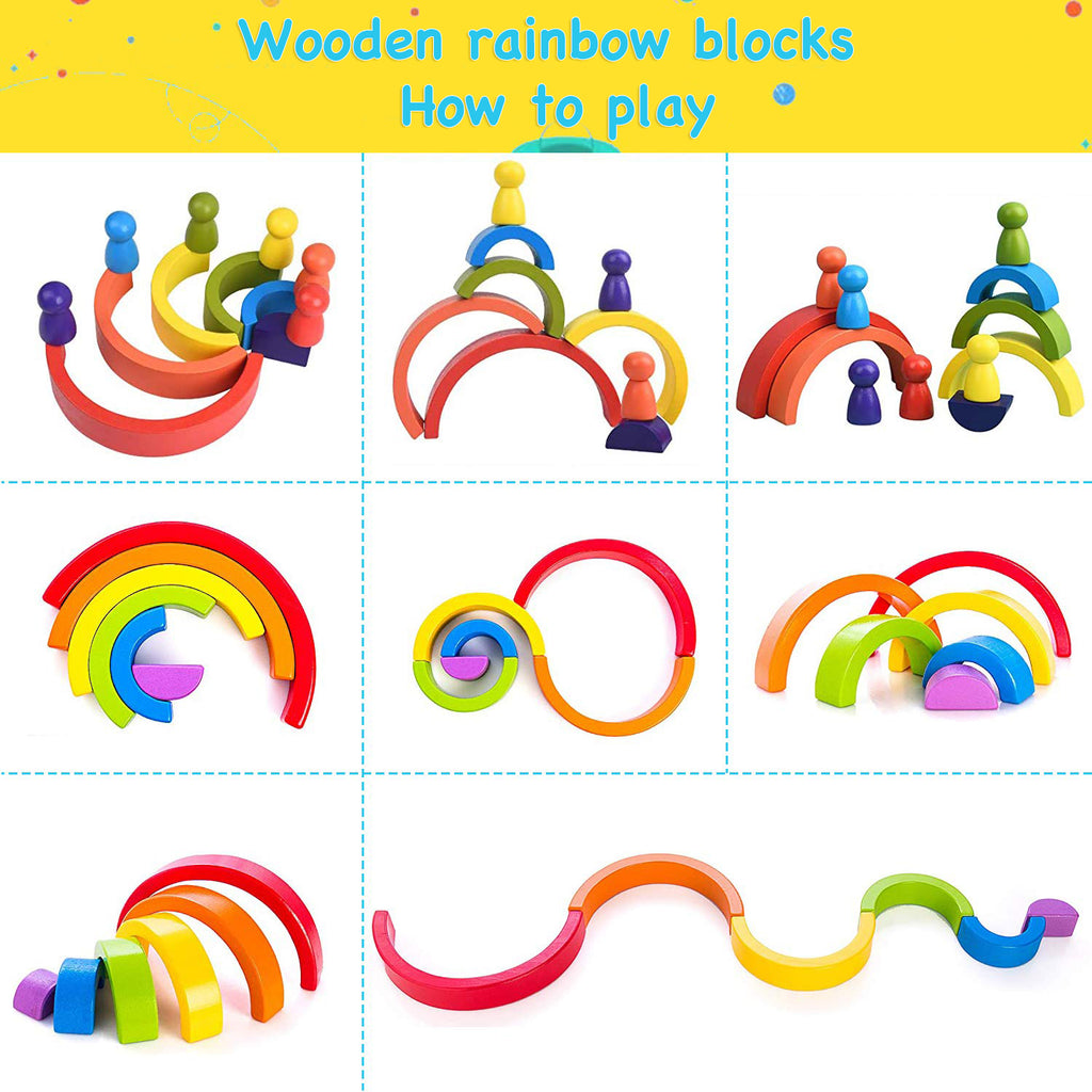 Wooden Rainbow Stacking Game Geometry Building Blocks Montessori Educational Toy F19414