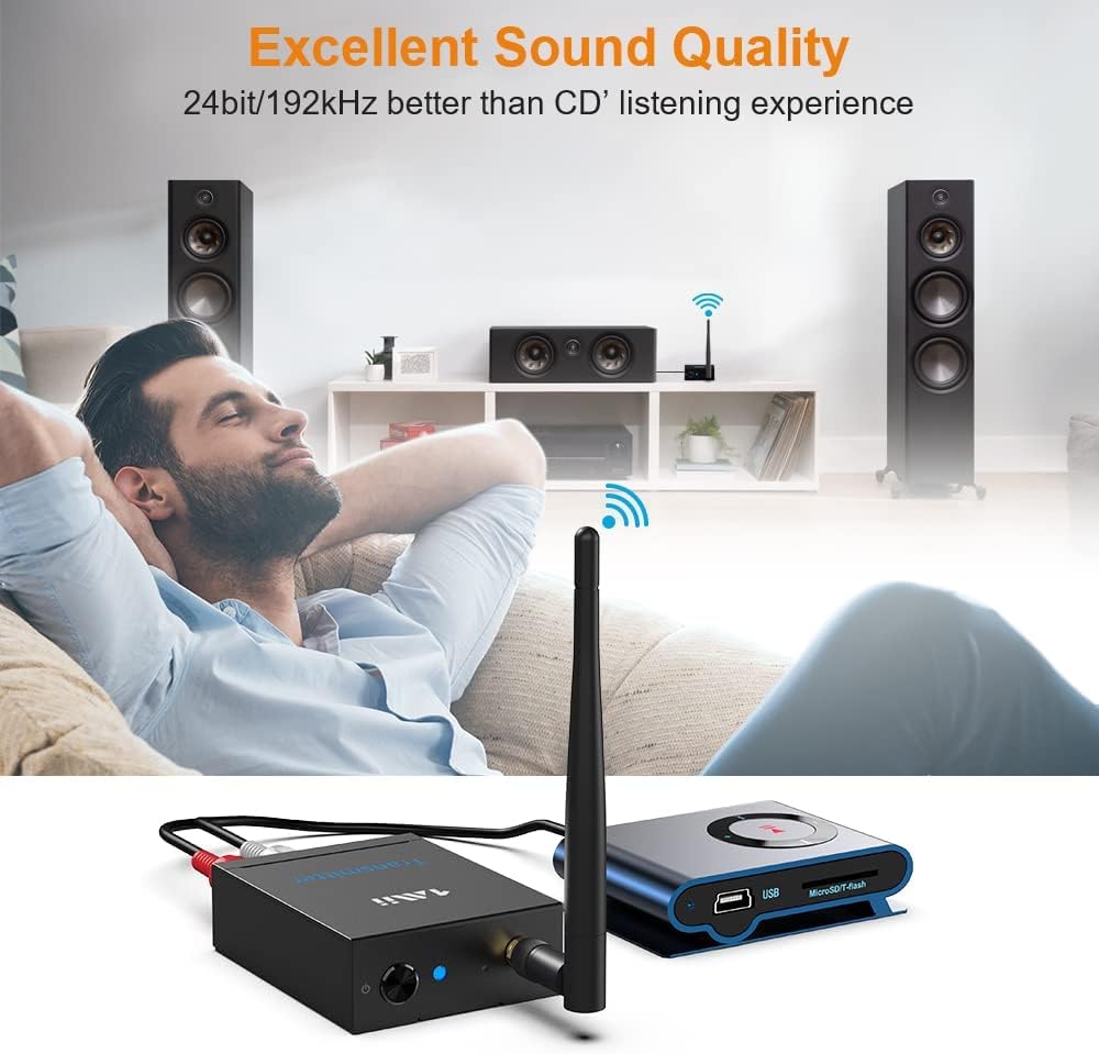 Wireless Transmitter Receiver Audio, 2.4GHz Long Range Audio Transmitter and Receiver Low Delay, RCA Out/in 320ft G86595