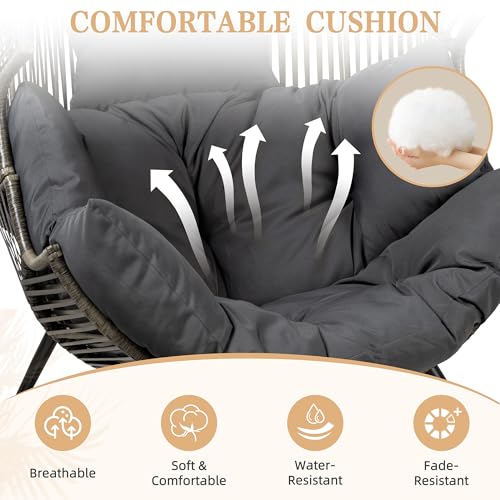 Oversized Beige Wicker Egg Chair with Cushion A403789
