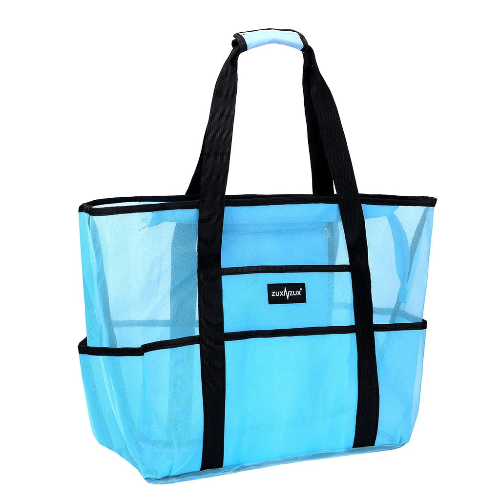 Large Blue Nylon Mesh Beach Pool Bag with Zipper and 8 Pockets B1996