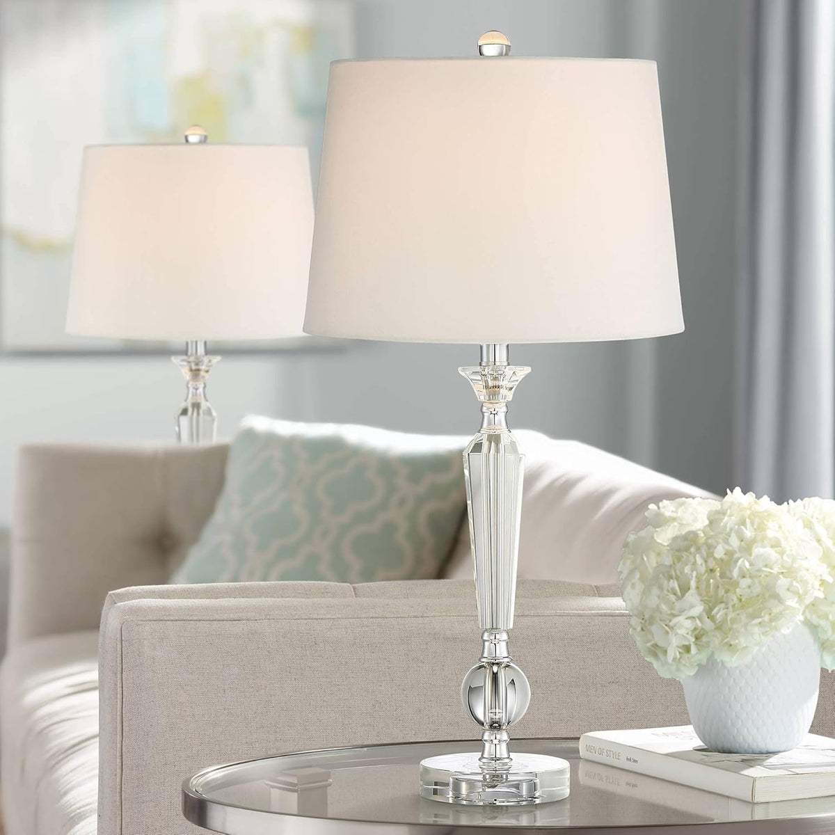 Set of 2 Clear Crystal Glass Table Lamps with Black Drum Shade W902404