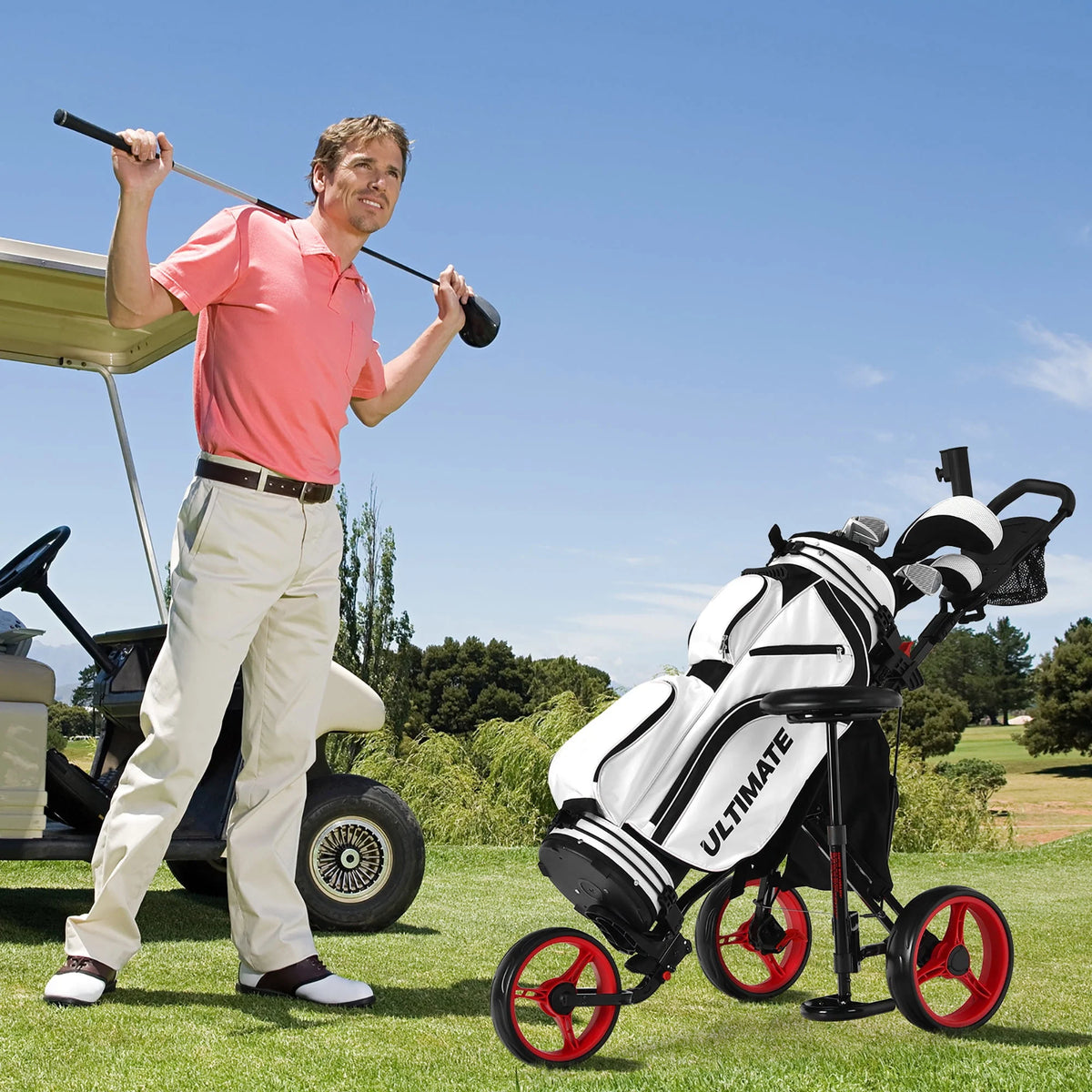 Folding 3 Wheels Golf Push Cart with Seat Blue P74565