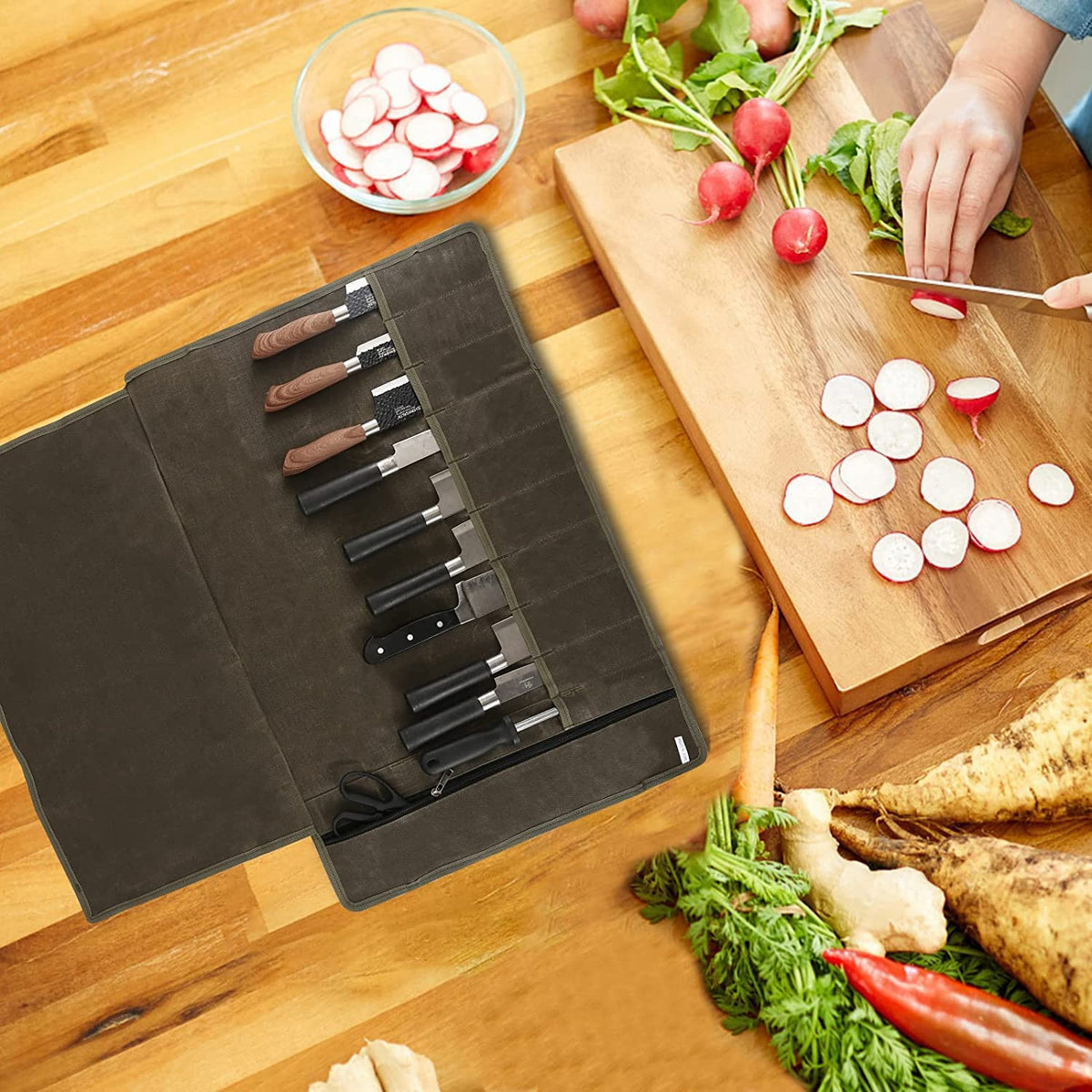 Waxed Canvas Knife Roll Bag with 10 Slots Plus 1 Zipper Pocket T6034