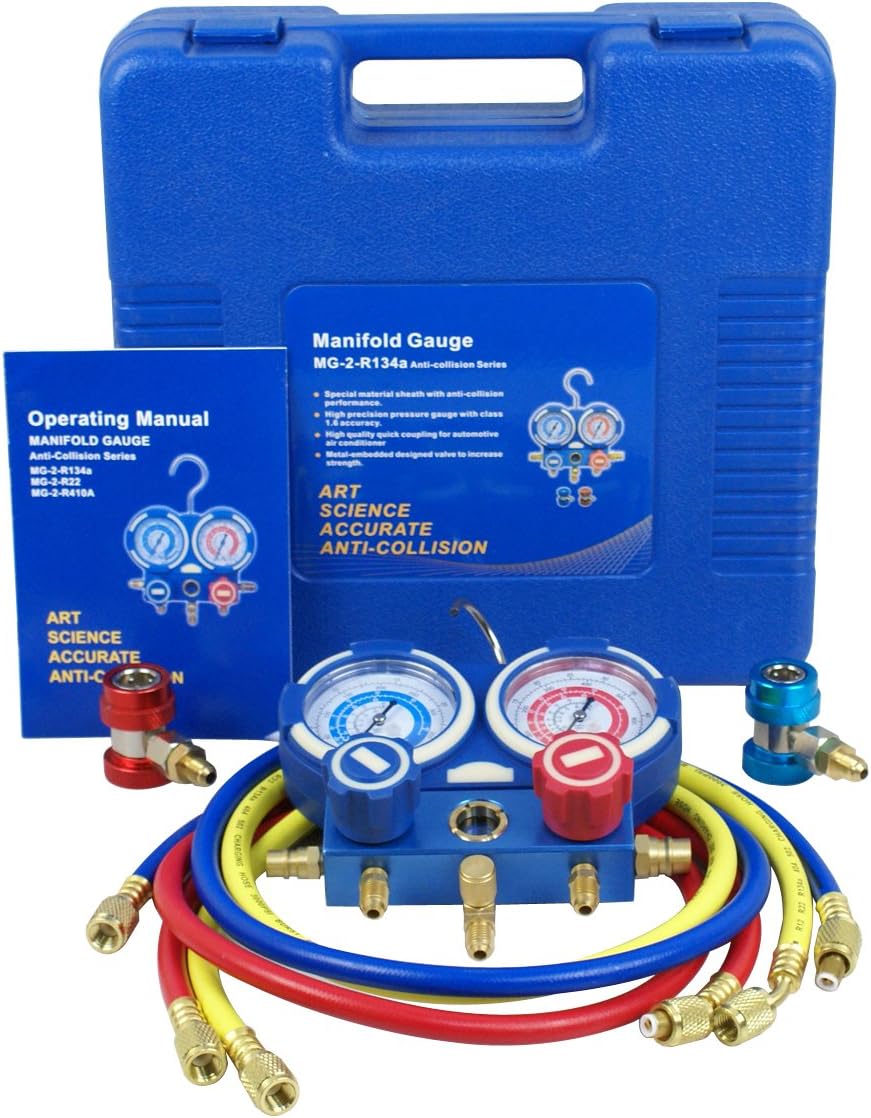 A/C Manifold Gauge Set R134a Refrigeration Kit Brass 4FT w/Case, 1/4 SAE Fittings C985925