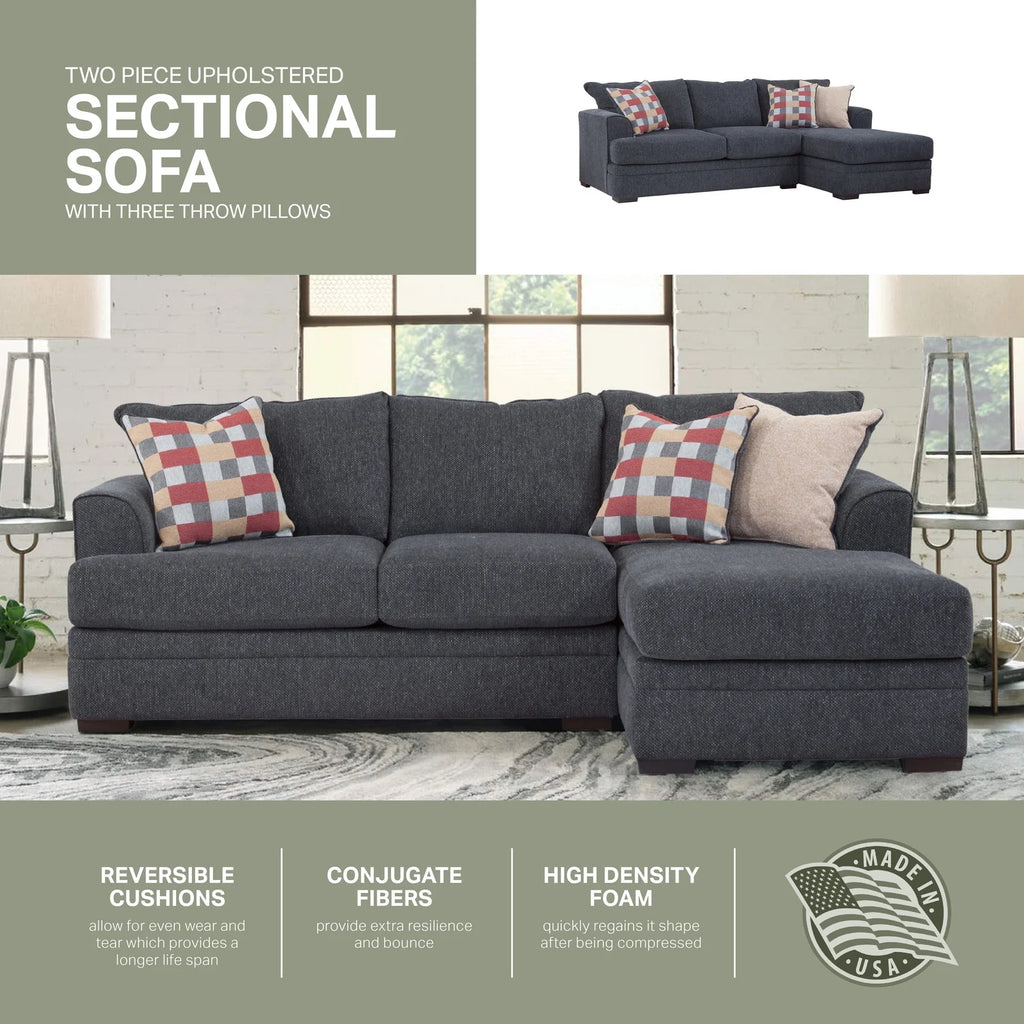 Charcoal Two Piece Sectional Sofa with Three Throw Pillows E98417