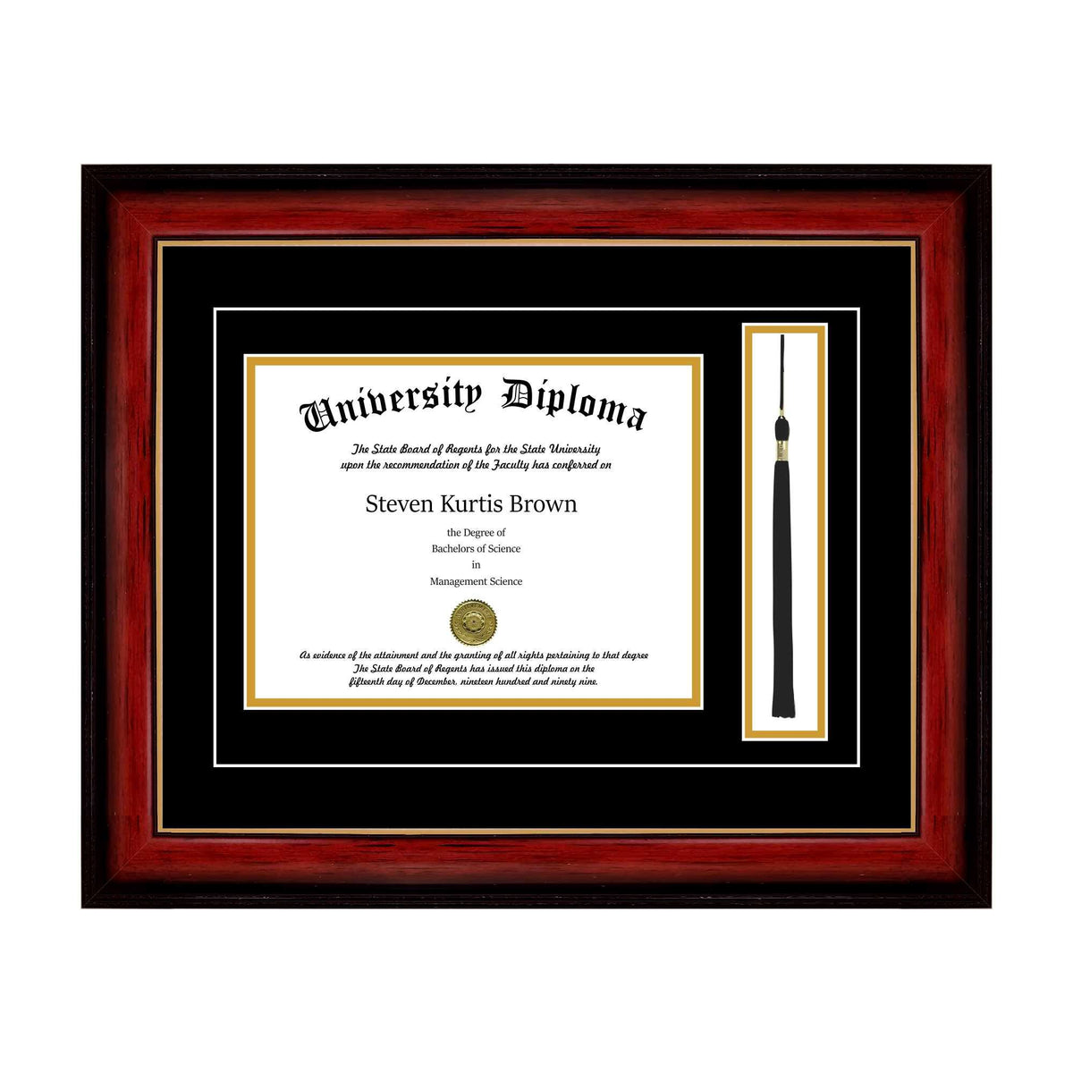 Single Diploma Frame with Tassel and Double Matting for 15 x 12 Tall Diploma, Mahogany with Gold Lip S79352