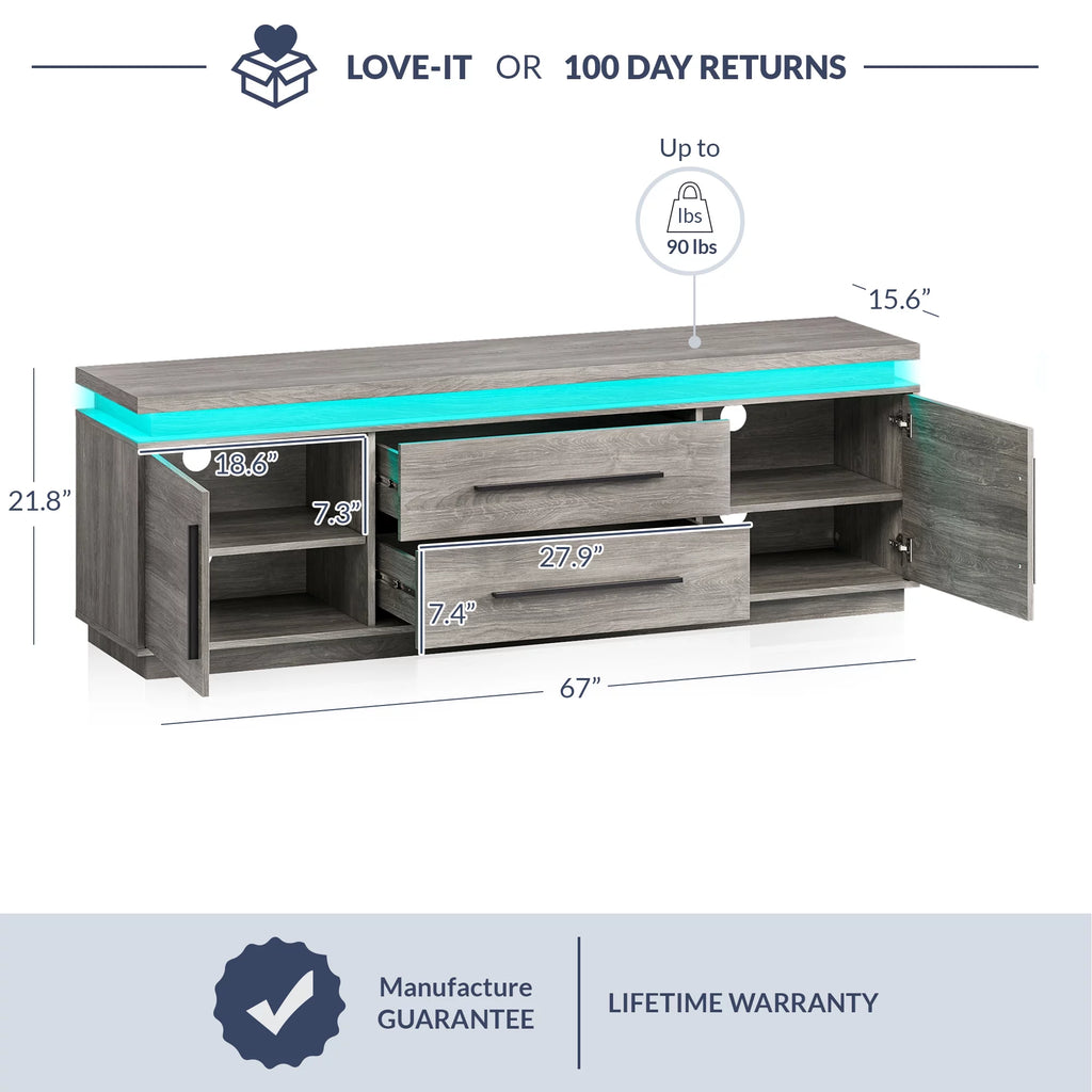 67" TV Stand with LED Lights and Cabinets V627