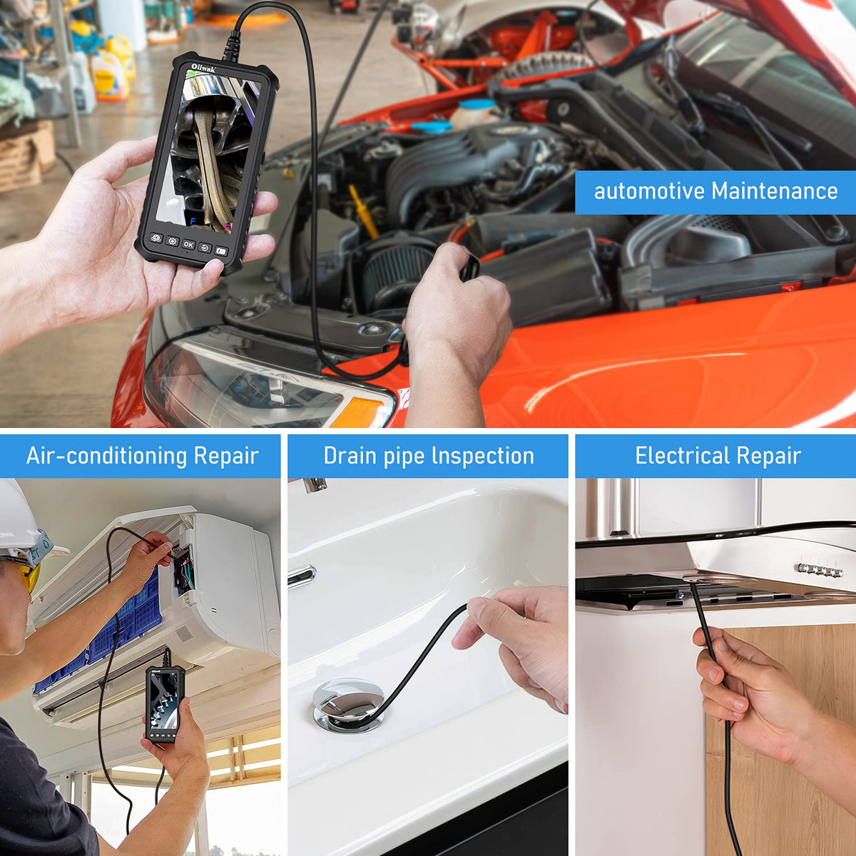 Dual Lens Endoscope Camera 1080P 5.18 IPS Screen 5mm IP67 Waterproof Snake Camera with 7 LED Lights 32GB Card 16.5FT T873847