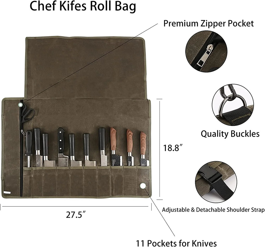 Waxed Canvas Knife Roll Bag with 10 Slots Plus 1 Zipper Pocket T6034